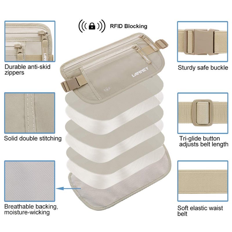 LANNEY Travel Money Belt Hidden Waist Stash Wallet RFID Blocking Anti-Theft Passport Holder for Men Women, Cream - Image 2